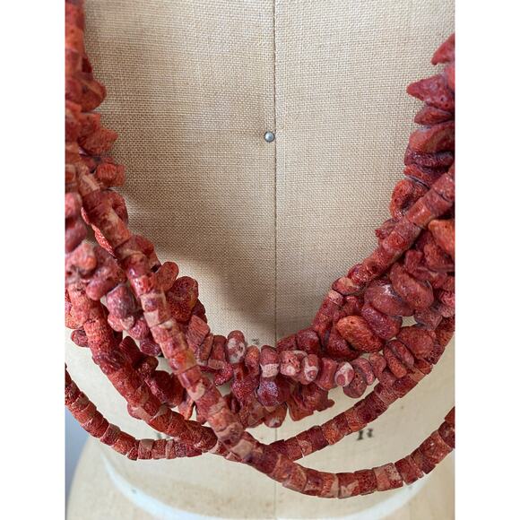 Red Sponge Coral and Mother of Pearl 6 Strand Statement Necklace 30" - Picture 3 of 6